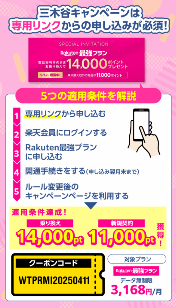 楽天モバイルの三木谷キャンペーンは専用リンクから申し込むことが必須