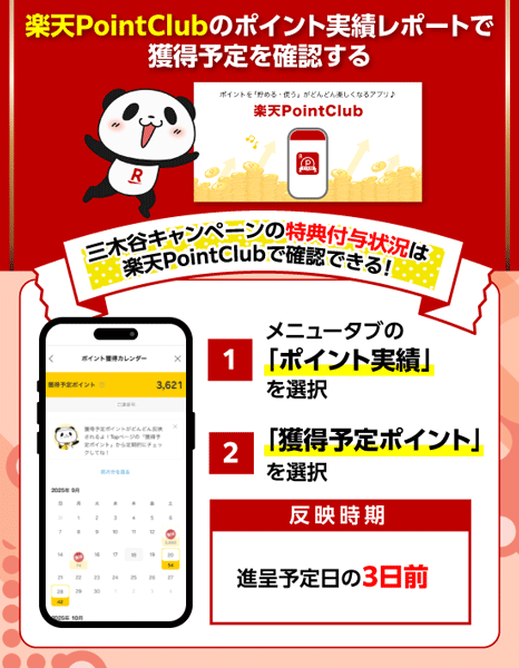 楽天PointClubのポイント実績レポートで三木谷キャンペーンの特典付与を確認することを示す画像