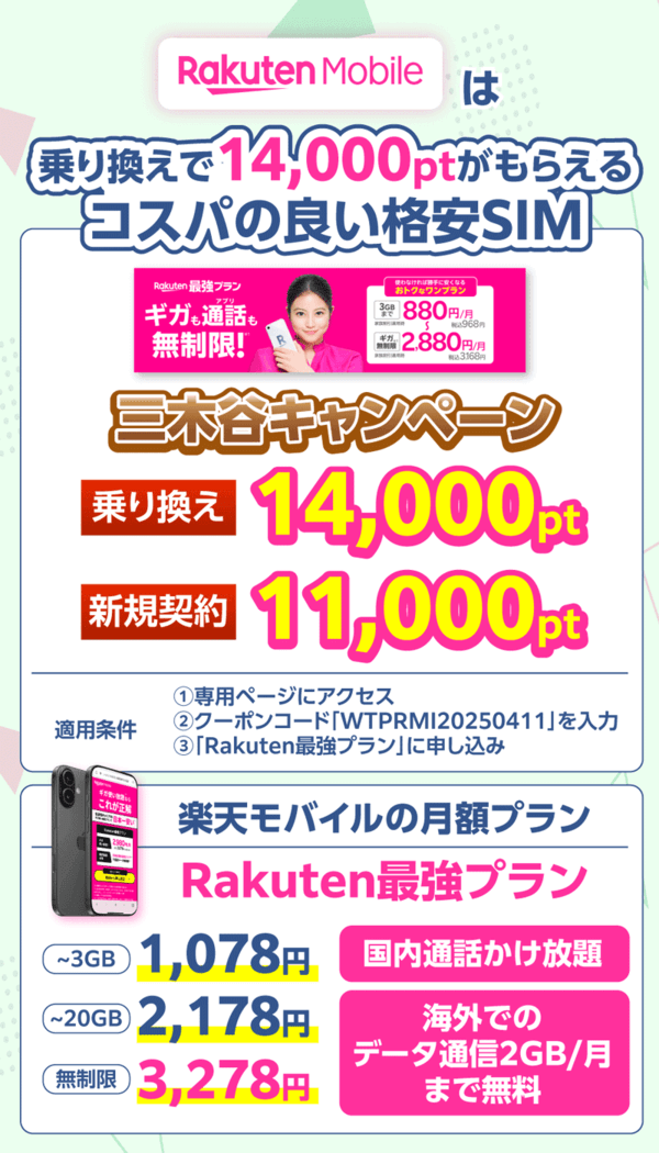 楽天モバイルは乗り換えで14,000ポイントがもらえる