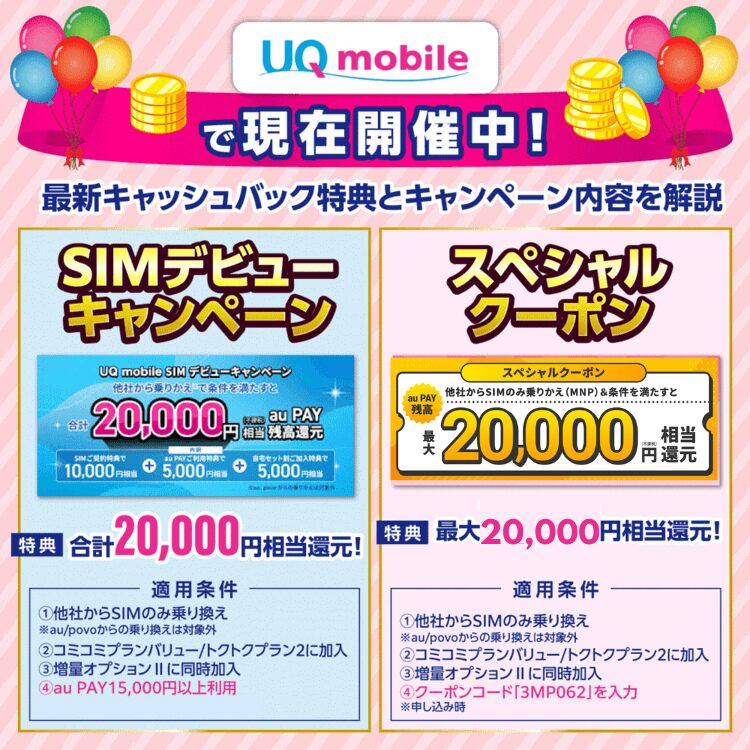 UQモバイルで実施中の「SIMデビューキャンペーン」と「スペシャルクーポン」を紹介した画像