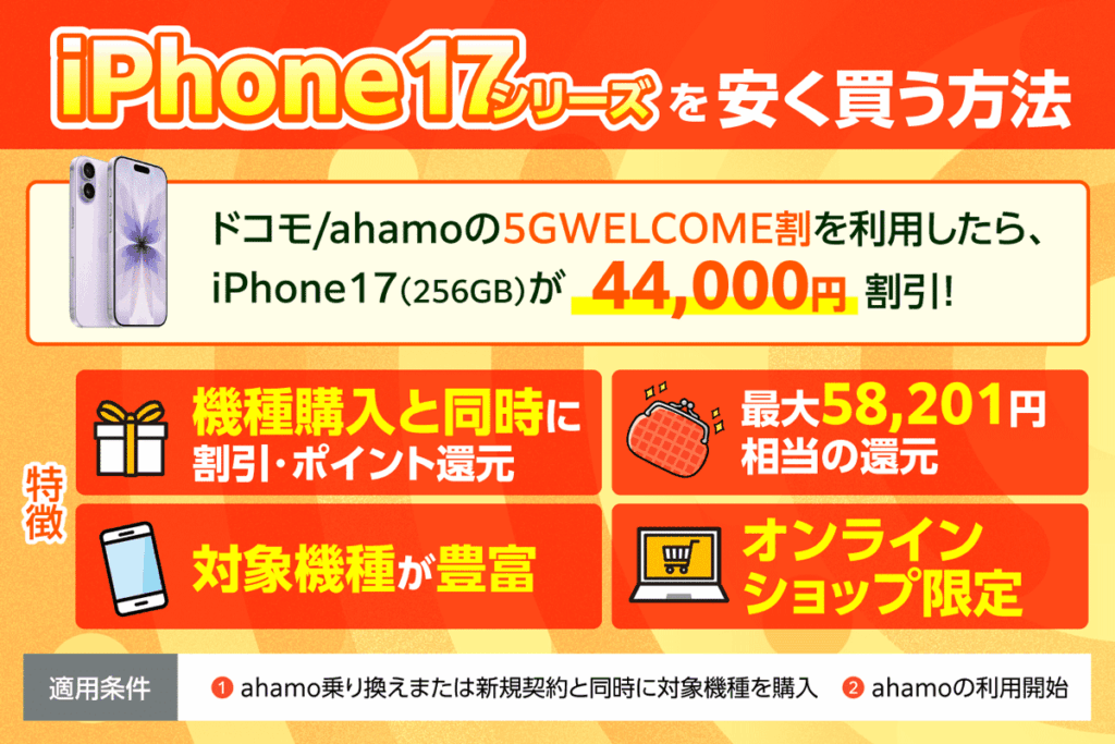  iPhone17シリーズを安く買う方法は5G WELCOME割であることを解説する画像