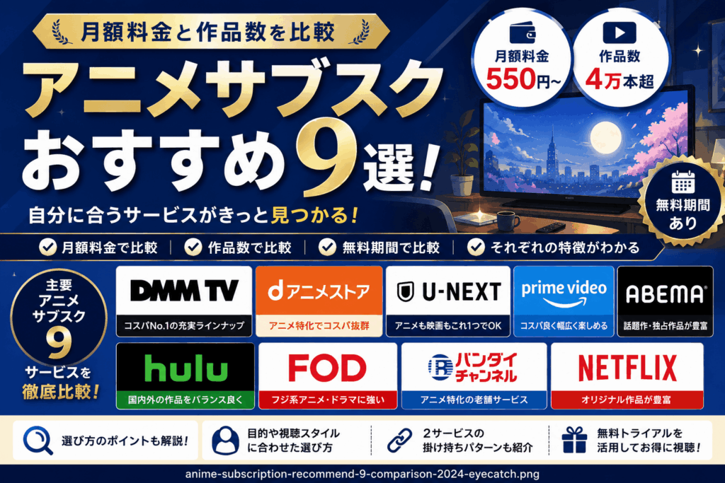 アニメサブスクおすすめ9選!月額料金と作品数を比較