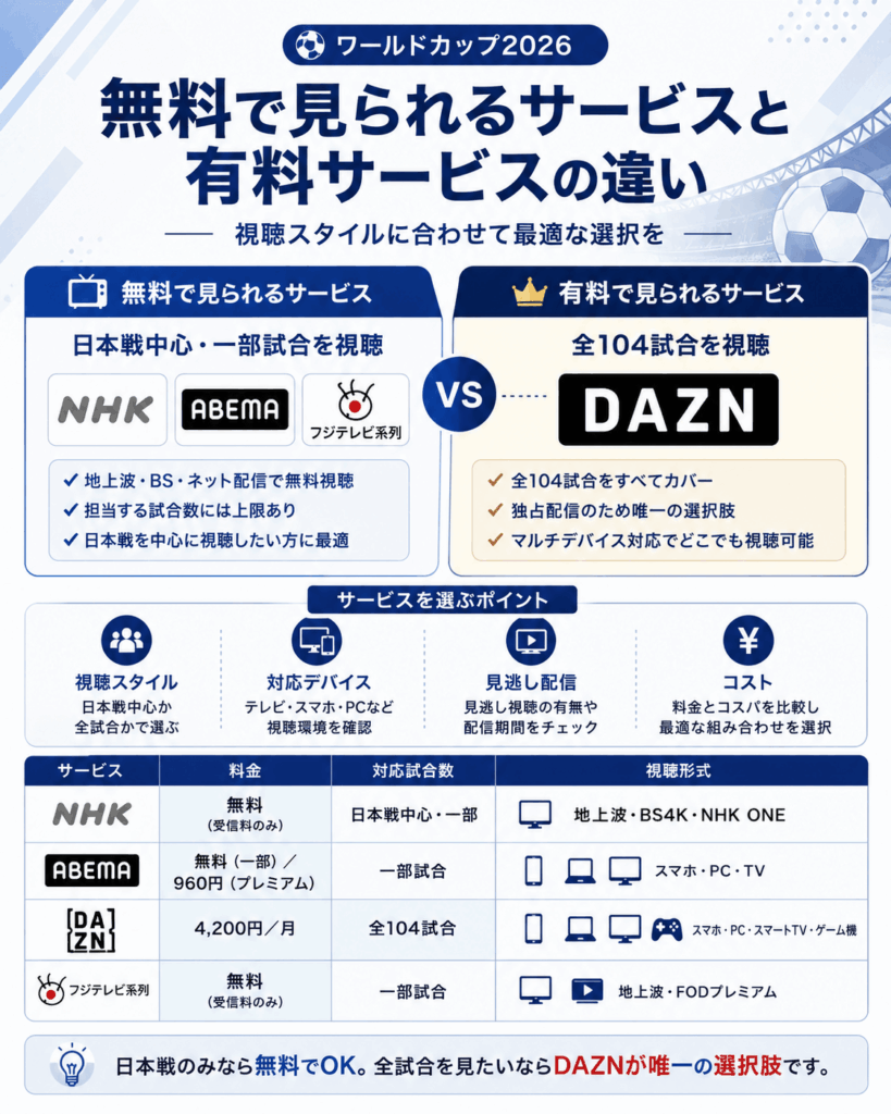 ワールドカップ2026を無料で見られるサービスと有料サービスの違い画像