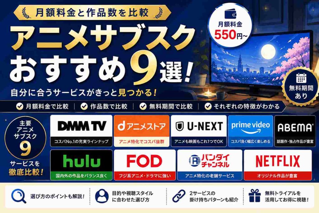 アニメサブスクおすすめ9選！月額料金と作品数を比較