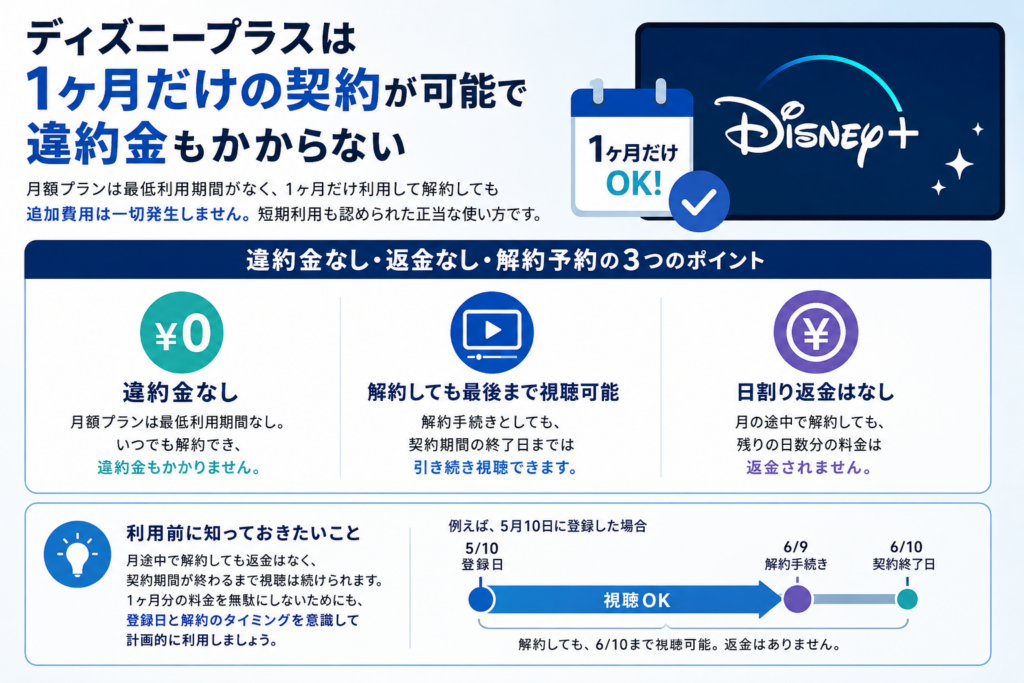 ディズニープラスは1ヶ月だけの契約が可能で解約金もかからない