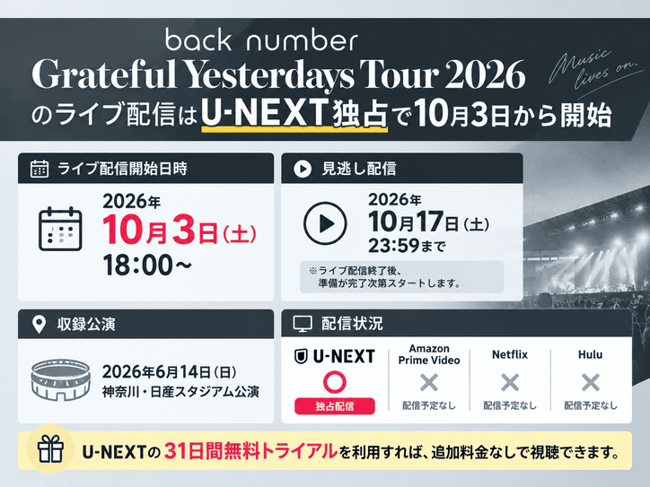 Grateful Yesterdays Tour 2026のライブ配信はU-NEXT独占で10月3日から開始
